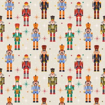 Seamless Christmas Pattern with Nutcrackers in Vector on beige. Illustrazione stock
