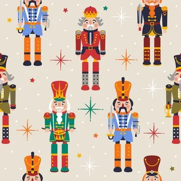 Seamless Christmas Pattern with Nutcrackers in Vector on beige. Illustrazione stock