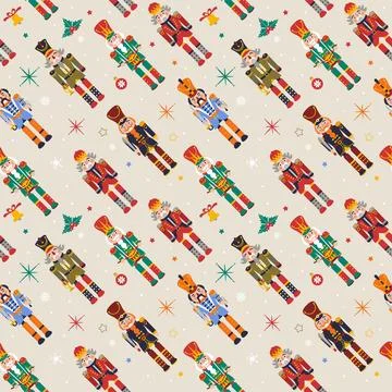 Seamless Christmas Pattern with Nutcrackers in Vector on beige. Stock Illustration