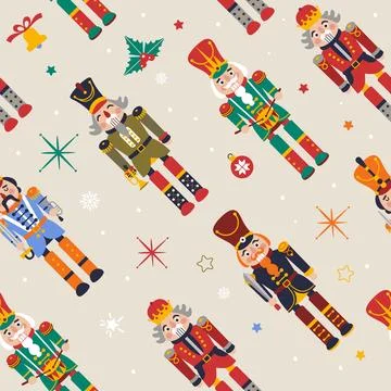 Seamless Christmas Pattern with Nutcrackers in Vector on beige. Illustrazione stock