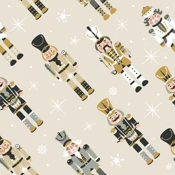 Seamless Christmas Pattern with Nutcrackers in Vector on beige. Illustrazione stock