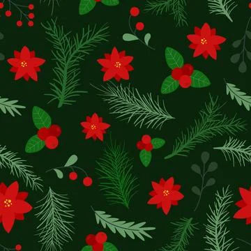 Seamless Christmas pattern with oak leaves, berries, poinsettia flowers, fir Stock Illustration