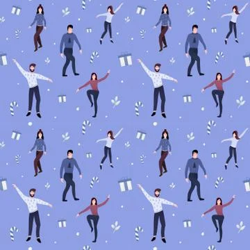 Seamless christmas pattern with people dancing, celebrating winter holidays Illustrazione stock