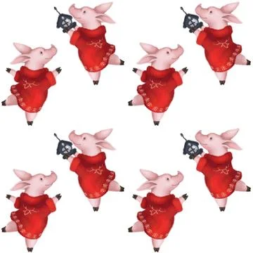 Seamless Christmas pattern. Pig in a red sweater with a Christmas tree toy. Stock Illustration