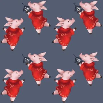Seamless Christmas pattern. Pig in a red sweater with a Christmas tree toy. on Stock Illustration