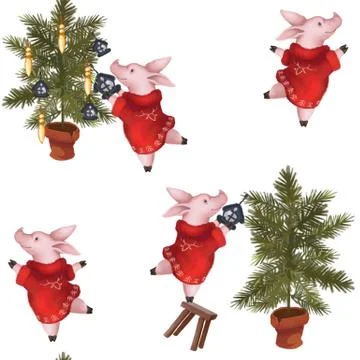 Seamless christmas pattern. Pig is the symbol of the year 2019 decorates the Stock Illustration