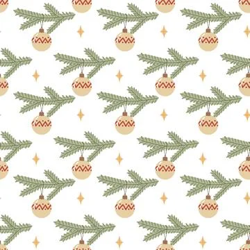 Seamless Christmas Pattern with Pine Branches and Hanging Ornaments Illustrazione stock