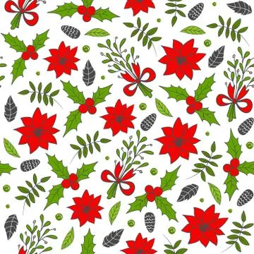 Seamless Christmas pattern with pine cones, poinsettia, mistletoe and tree Stock Illustration