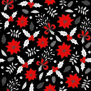 Seamless Christmas pattern with pine cones, poinsettia, mistletoe and tree Stock Illustration
