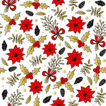 Seamless Christmas pattern with pine cones, poinsettia, mistletoe and tree Illustrazione stock