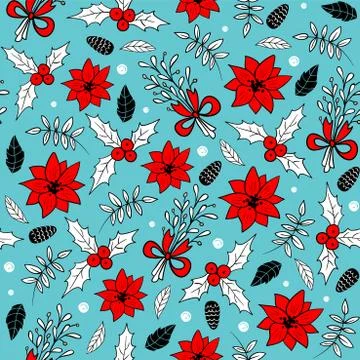 Seamless Christmas pattern with pine cones, poinsettia, mistletoe and tree Illustrazione stock