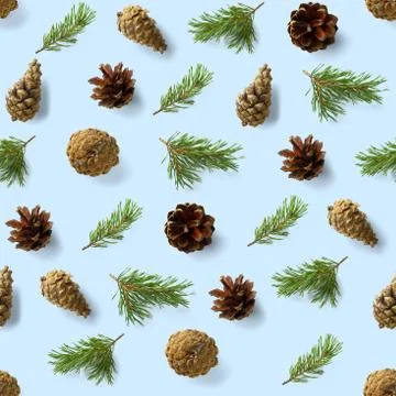 Seamless christmas pattern from Pine cones on blue background. modern pine co Foto stock