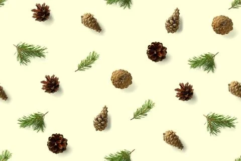 Seamless christmas pattern from Pine cones on yellow background. modern pine  Stock Photos