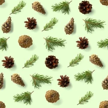 Seamless christmas pattern from Pine cones on green background. modern pine c Foto stock