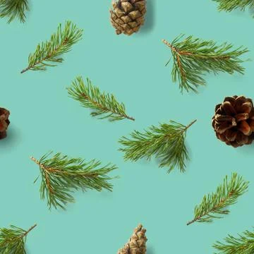 Seamless christmas pattern from Pine cones and pine twig on green background. Stock Photos