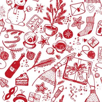 Seamless christmas pattern of red icons with line on a white background. New Stock Illustration