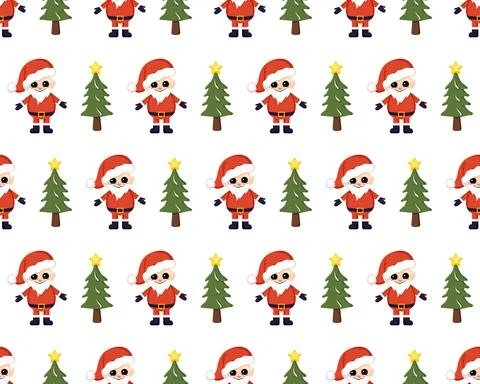 Seamless Christmas pattern with red Santa Claus, bag with presents and trees Illustrazione stock