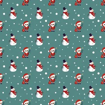 Seamless Christmas pattern with red Santa Claus, bag with presents, snowman and Illustrazione stock