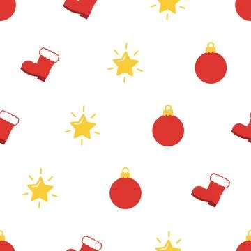 Seamless Christmas pattern with red stockings yellow stars and baubles. Illustrazione stock