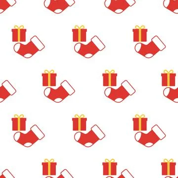 Seamless Christmas pattern with red stockings and gift boxes. Stock Illustration