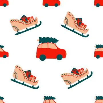 Seamless Christmas pattern of repeating elements - a red car carries a spruce Stock Illustration
