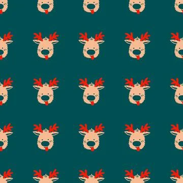 Seamless Christmas pattern of repeating elements - funny deer on a green back Stock Illustration