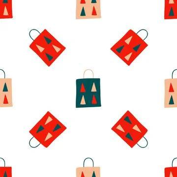 Seamless Christmas pattern of repeating holiday elements - gift paper bags wi 스톡 일러스트
