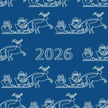 Seamless Christmas pattern with Santa and reindeer sleigh on blue backgroun.. Stock Illustration