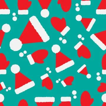 Seamless Christmas pattern . Santa Claus hat and gloves. Red and blue color. Stock Illustration