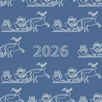 Seamless Christmas pattern with Santa Claus sleigh, reindeer, gifts, and 20.. Stock Illustration