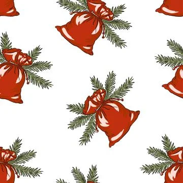 Seamless Christmas pattern with Santa gift bags, pine branches, and festive Stock Illustration