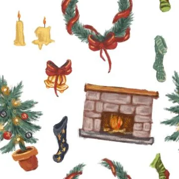 Seamless Christmas pattern. Set of Christmas items. Fireplace, Christmas tree on Illustrazione stock