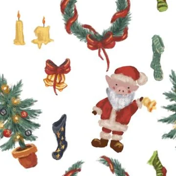 Seamless Christmas pattern. Set of Christmas items. Fireplace, Christmas tree on Stock Illustration