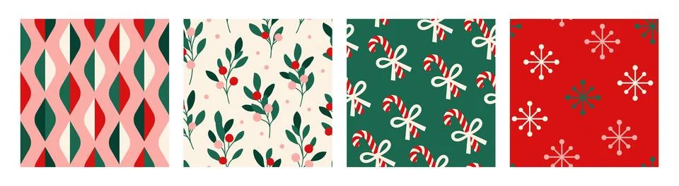 Seamless Christmas pattern set with geometric shapes, holly berries, candy .. Stock Illustration
