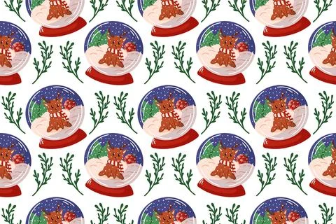 Seamless Christmas pattern with snow globe featuring cute reindeer, snowflakes Stock Illustration