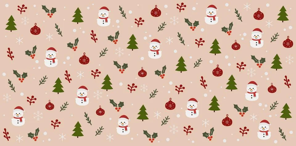 Seamless Christmas pattern with snowmen, trees, holly, snowflakes and ornaments Stock Illustration
