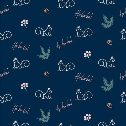 Seamless christmas pattern with squirrels, berries on blue background, vector Illustrazione stock