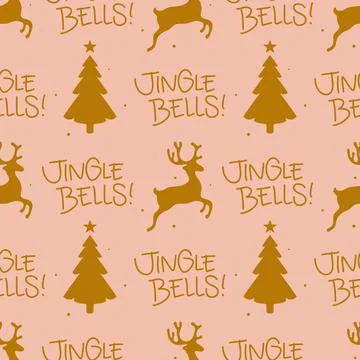 Seamless Christmas pattern with text, Jingle Bells! Pine trees and reindeers. Illustrazione stock
