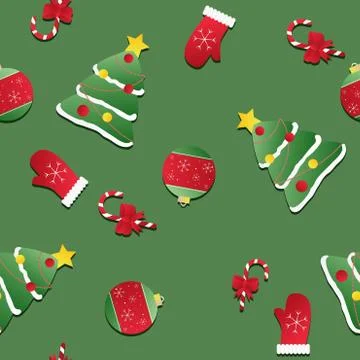 Seamless christmas pattern. texture with red mittens, christmas trees and can Stock Illustration