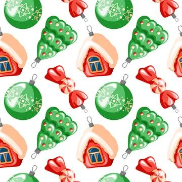 Seamless Christmas pattern with tree decoration toys in cartoon style. House Stock Illustration