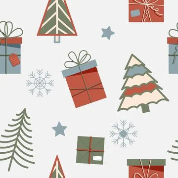 Seamless Christmas pattern with trees, presents, stars and snowflakes.  Illustrazione stock