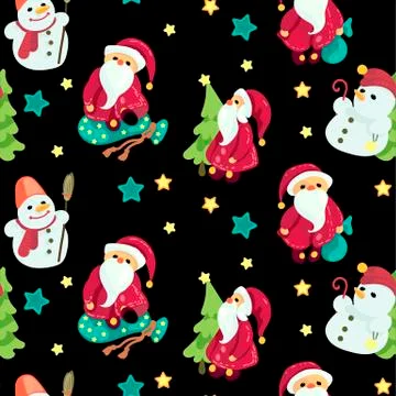 Seamless Christmas pattern in vector graphic with cute Santas and snowmen Stock Illustration