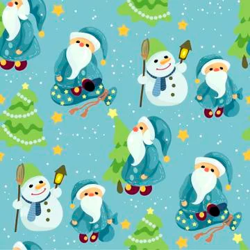 Seamless Christmas pattern in vector graphic with cute Santas and snowmen Stock Illustration