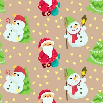 Seamless Christmas pattern in vector graphic with cute Santas and snowmen Stock Illustration