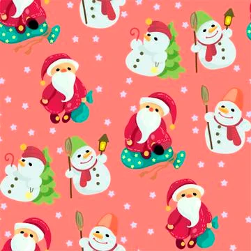 Seamless Christmas pattern in vector graphic with cute Santas and snowmen Stock Illustration