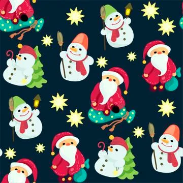 Seamless Christmas pattern in vector graphic with cute Santas and snowmen Stock Illustration