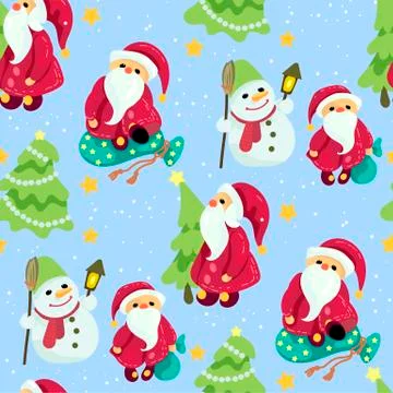 Seamless Christmas pattern in vector graphic with cute Santas and snowmen Stock Illustration