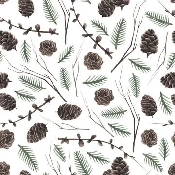 Seamless christmas pattern. Watercolor pattern with cones branches and leaves Stock Illustration