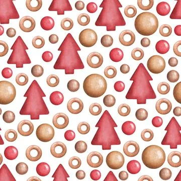 Seamless christmas pattern. Watercolor pattern with red and gold balls and Ch Stock Illustration