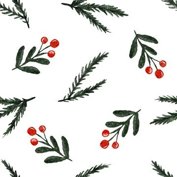 Seamless Christmas pattern with watercolor pine branches and red berries Stock Illustration